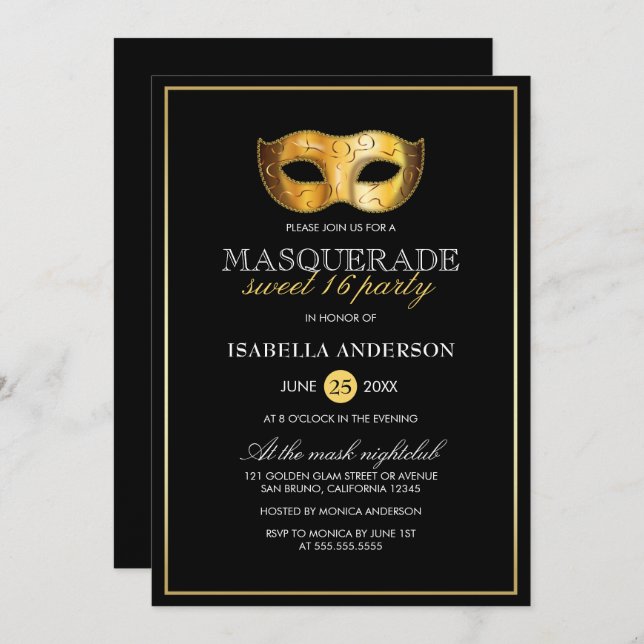 Invitación Fiesta de 16 años de clase Gold & Black Masquerade (Anverso / Reverso)