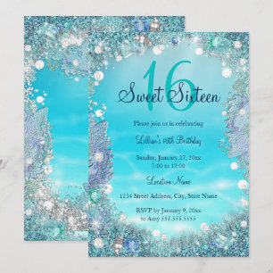 Invitación Fiesta de 16 años dulce perlas de agua azul turque