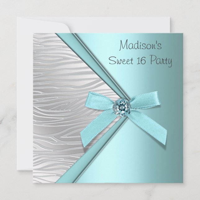 Invitación Fiesta de 16 años Teal Blue Silver Zebra (Anverso)