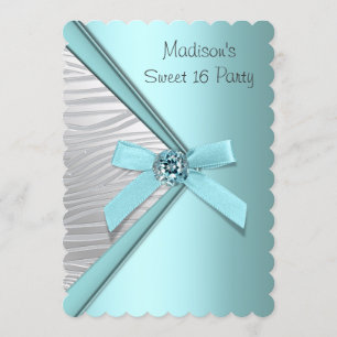 Invitación Fiesta de 16 años Teal Blue Silver Zebra