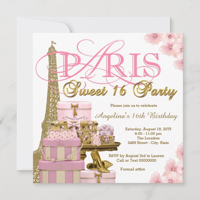 Invitación Fiesta de 16 dulces de París rosa y dorado (Anverso)