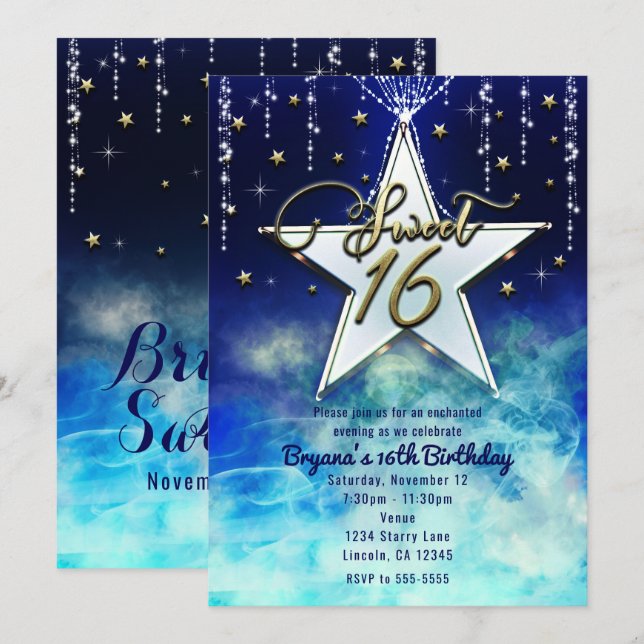 Invitación Fiesta de 16 nubes celestes y estrellas de oro dul (Anverso / Reverso)