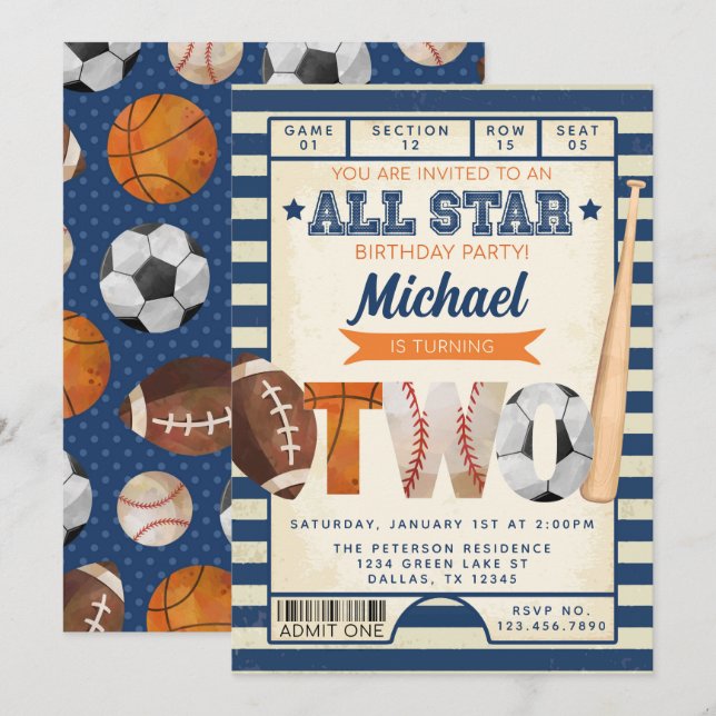 Invitación Fiesta de 2º cumpleaños de Sports Ticket (Anverso / Reverso)