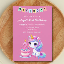 Invitación Fiesta de 2º cumpleaños lindo unicornio