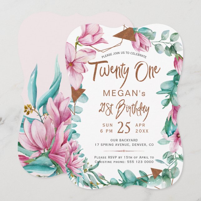 Invitación Fiesta de 21 años de 21 acuarelas florales (Anverso / Reverso)