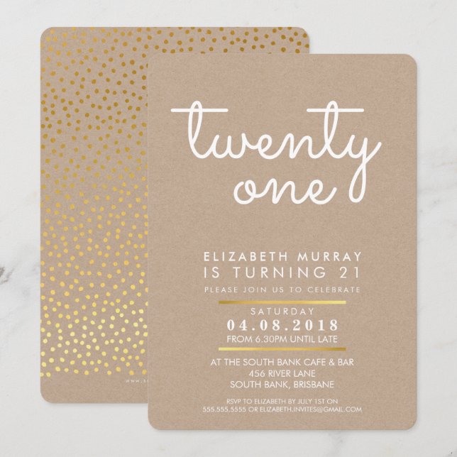 Invitación fiesta de 21 años de Guay INVITE kraft blanco rúst (Anverso / Reverso)