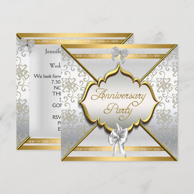 Invitación Fiesta de 25º Aniversario Elegante Blanco Plata Do (Anverso / Reverso)
