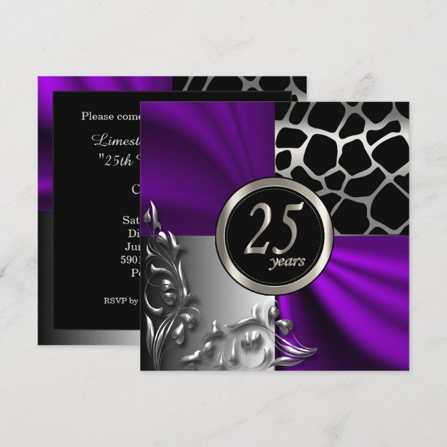 Invitación Fiesta de 25 años de Seda Morada y Plata (Anverso / Reverso)