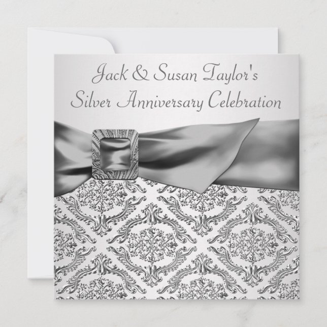 Invitación Fiesta de 25 años de Silver Damask Silver (Anverso)