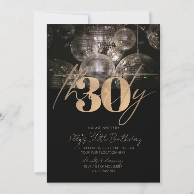 Invitación Fiesta de 30 años de bola de disco negro y oro (Anverso)