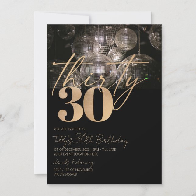 Invitación Fiesta de 30 años de bola de disco negro y oro (Anverso)