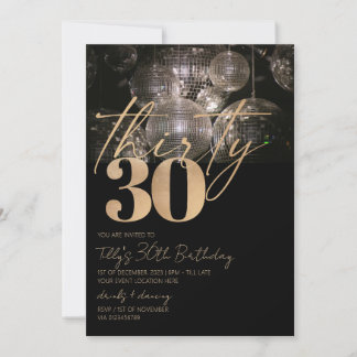 Invitación Fiesta de 30 años de bola de disco negro y oro