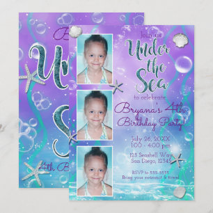 Invitación Fiesta de 3 Fotos Encantada Bajo el Mar Morado Tur