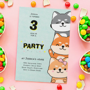 Invitación Fiesta de 3er Cumpleaños Perrito Shiba Inu Adorabl