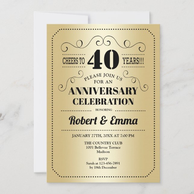 Invitación Fiesta de 40º Aniversario de Boda - Dorado Negro (Anverso)