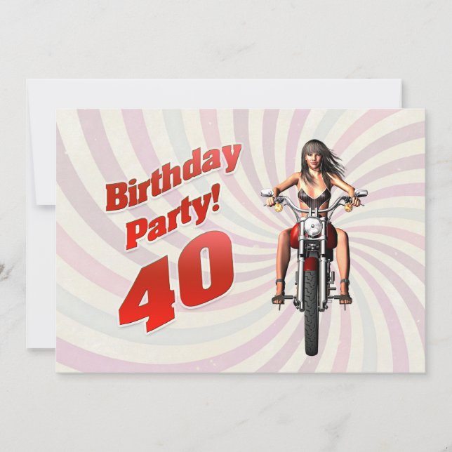 Invitación fiesta de 40 años con un chica en moto (Anverso)