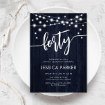 Invitación Fiesta de 40 años de la Marina White Rustic Wood<br><div class="desc">40.ª Invitación a la fiesta de cumpleaños. Diseño rústico con un patrón de madera marina. Tarjeta de invitación clásica con luces de cadena de hadas y tipo de letra de guión blanco. Perfecto para una elegante celebración de los cuarenta días. Personaliza con tus propios detalles. ¡Se puede personalizar para cualquier...</div>