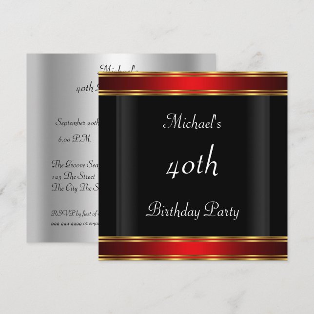 Invitación Fiesta de 40 años de los hombres Deco de Arte Rojo (Anverso / Reverso)