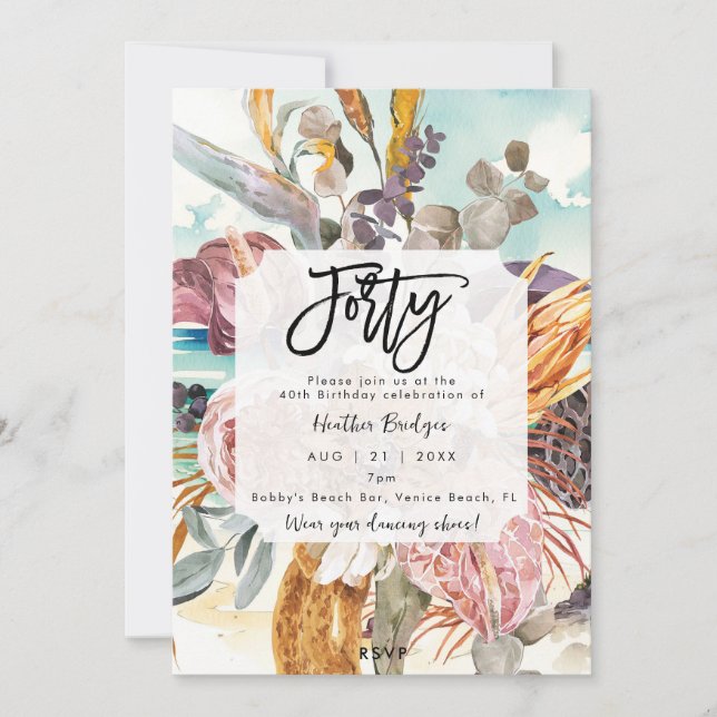 Invitación Fiesta de 40 años de playa tropical floral (Anverso)