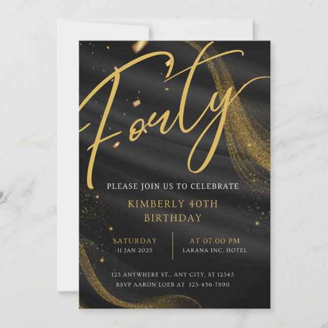 Invitación Fiesta de 40 Años Elegante de Lujo Negro y Oro (Anverso)