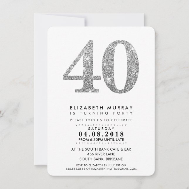 Invitación FIESTA DE 40 AÑOS INVITE purpurina de plata (Anverso)