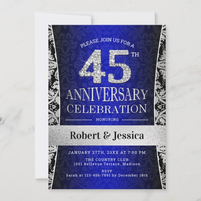 Invitación Fiesta de 45 años de sorpresa - Plata azul (Anverso)