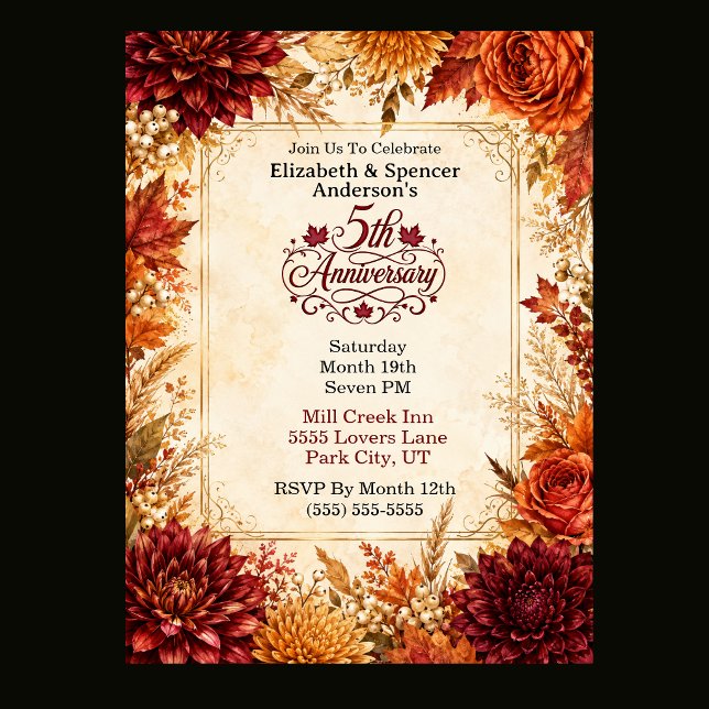 Invitación Fiesta de 5º Aniversario de Otoño de Lujo (Luxury Fall 5th Anniversary Party Invitation.)