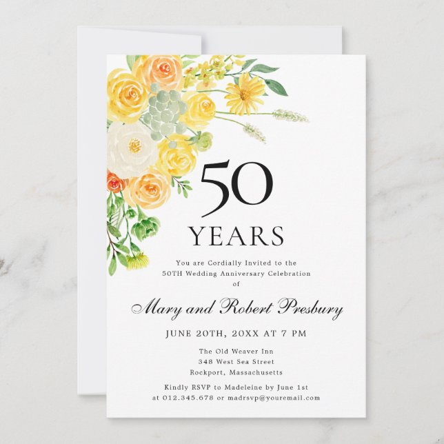 Invitación Fiesta de 50 Aniversario Amarillo Blanco Floral (Anverso)