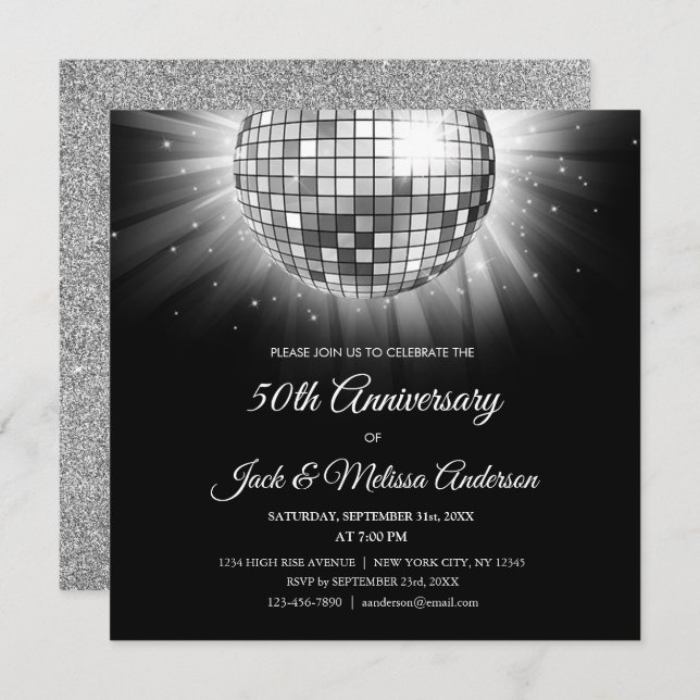 Invitación Fiesta de 50 Aniversario de Plata Disco Ball (Anverso / Reverso)