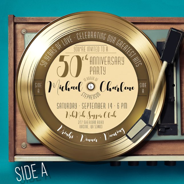 Invitación Fiesta de 50 años del récord de oro retro (Black and gold vinyl record music theme fiftieth 50th wedding anniversary photo celebration)