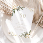 Invitación Fiesta de 50 cumpleaños de la vegetación geométric<br><div class="desc">Esta invitación geométrica a la fiesta de cumpleaños número 50 es perfecta para una fiesta de cumpleaños moderna. El diseño presenta un bonito marco geométrico dorado con elegantes hojas verdes.</div>