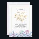 Invitación Fiesta de 50 cumpleaños de Suculents Flower & Gold<br><div class="desc">Celebra tu día especial con este elegante y moderno formulario de invitación para fiestas de cumpleaños. Este diseño presenta un marco dorado de moda y una tipografía con un hermoso patrón de suculentos acuarelas.</div>