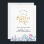 Invitación Fiesta de 50 cumpleaños de Suculents Flower & Gold<br><div class="desc">Celebra tu día especial con este elegante y moderno formulario de invitación para fiestas de cumpleaños. Este diseño presenta un marco dorado de moda y una tipografía con un hermoso patrón de suculentos acuarelas.</div>