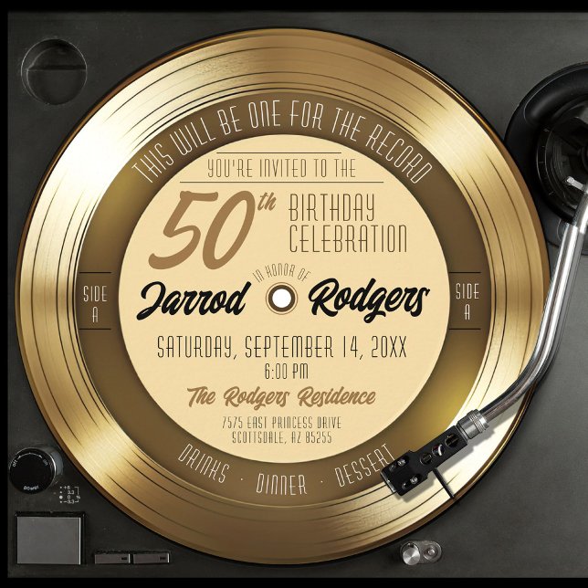 Invitación Fiesta de 50 cumpleaños del récord del vinílico ne (round circle shape retro solid gold vinyl record 50th birthday party invitation gold and black theme)
