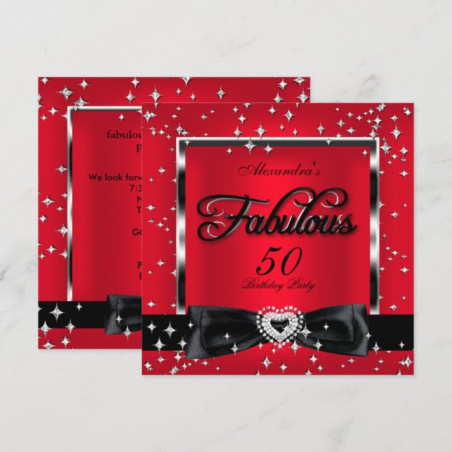 Invitación Fiesta de 50 Fabulosos Estrellas Rojas Plateadas N (Anverso / Reverso)