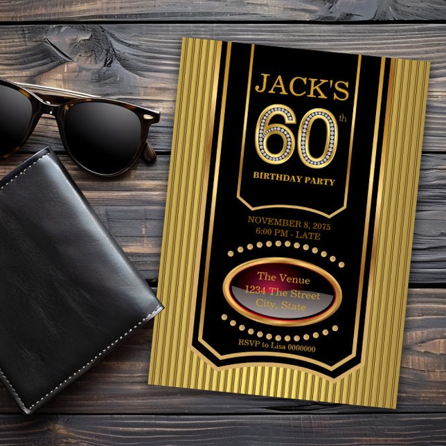 Invitación Fiesta de 60 cumpleaños de hombre en negro y dorad (Mans black gold 60th birthday invitation. Message us if you need a different number for your event.)