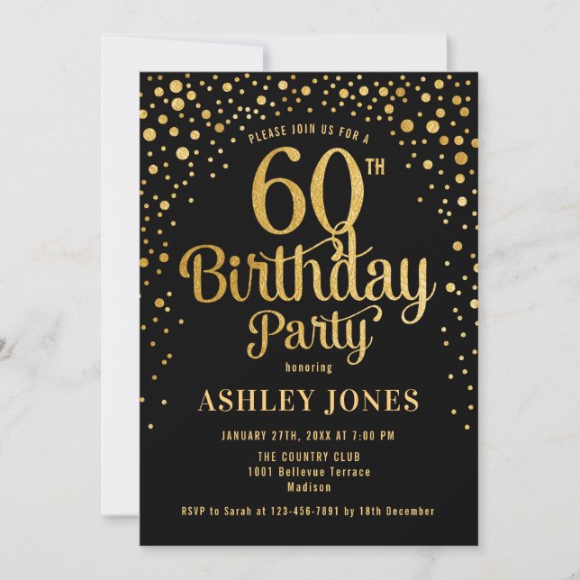 Invitación Fiesta de 60 cumpleaños - Negro y dorado (Anverso)
