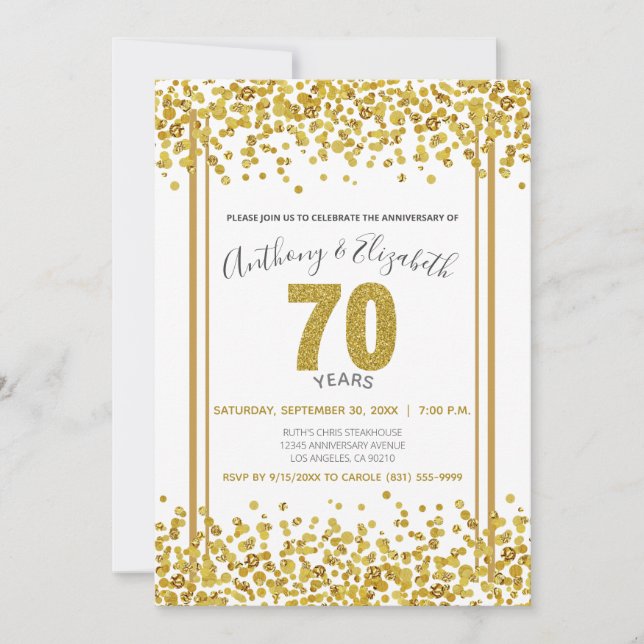 Invitación Fiesta de 70 años al estilo Purpurina Gold Confett (Anverso)