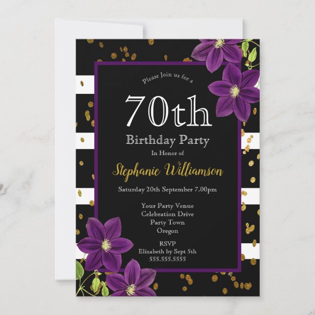 Invitación Fiesta de 70 cumpleaños| Brillante negro y dorado (Anverso)