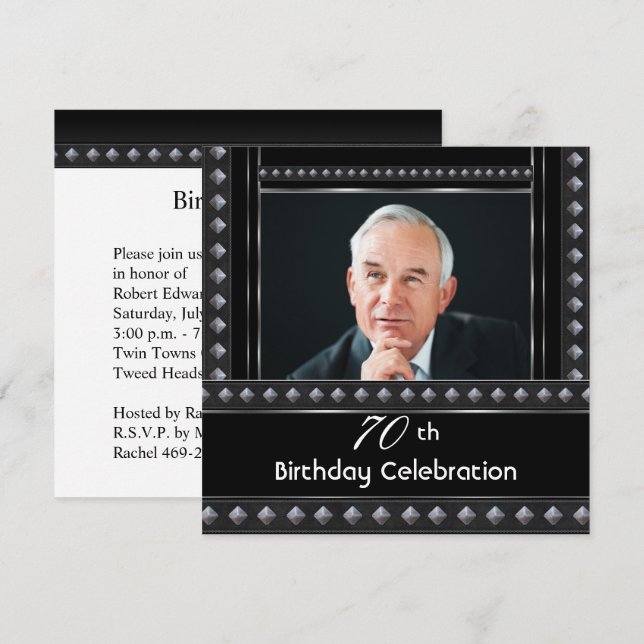 Invitación Fiesta de 70 cumpleaños de hombre negro blanco pla (Anverso / Reverso)