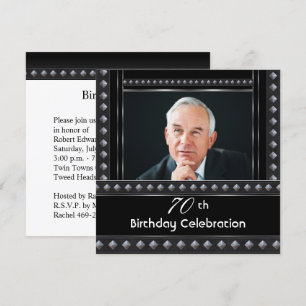 Invitación Fiesta de 70 cumpleaños de hombre negro blanco pla