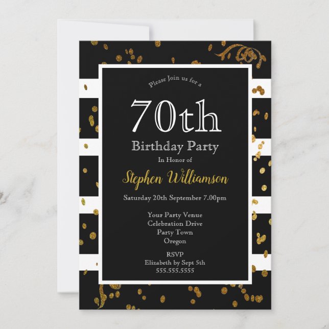 Invitación Fiesta de 70 Cumpleaños Negro y Blanco | Brillo Do (Anverso)