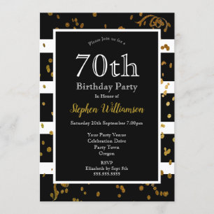 Invitación Fiesta de 70 Cumpleaños Negro y Blanco   Brillo Do