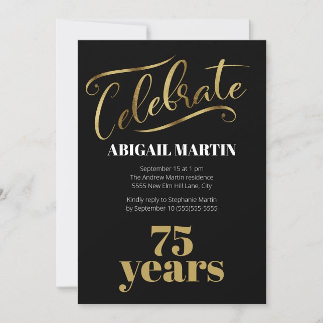 Invitación Fiesta de 75 Cumpleaños Oro Negro Blanco (Anverso)