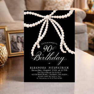 Invitación Fiesta de 90 cumpleaños lazo de perla Coquette neg