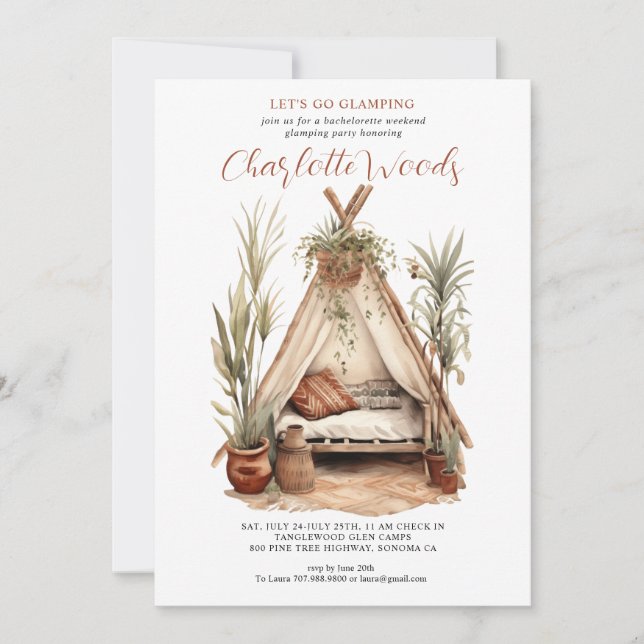 Invitación Fiesta de acampada con glamour de bachelorette (Anverso)