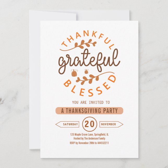 Invitación Fiesta de Acción de Gracias Agradecido Bendito (Anverso)