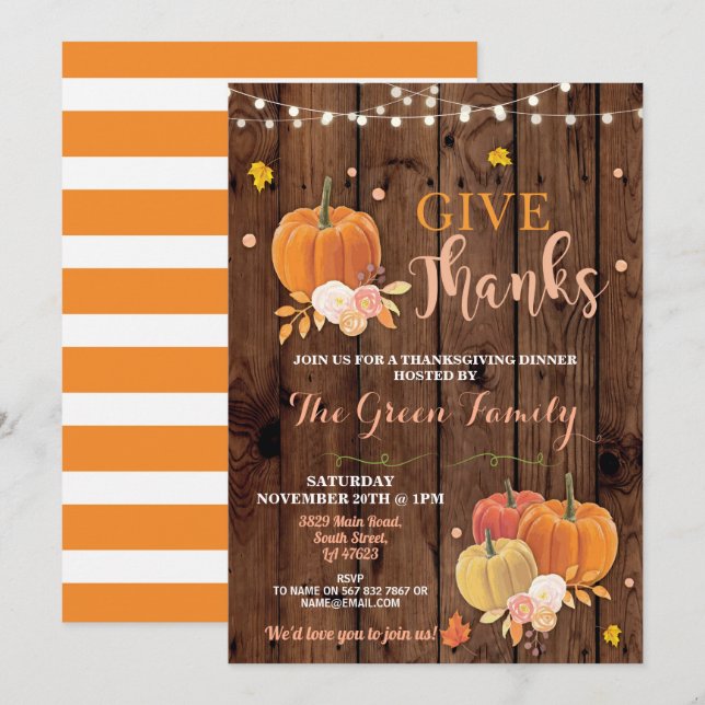 Invitación Fiesta de Acción de Gracias Cena de Calabaza de Ma (Anverso / Reverso)