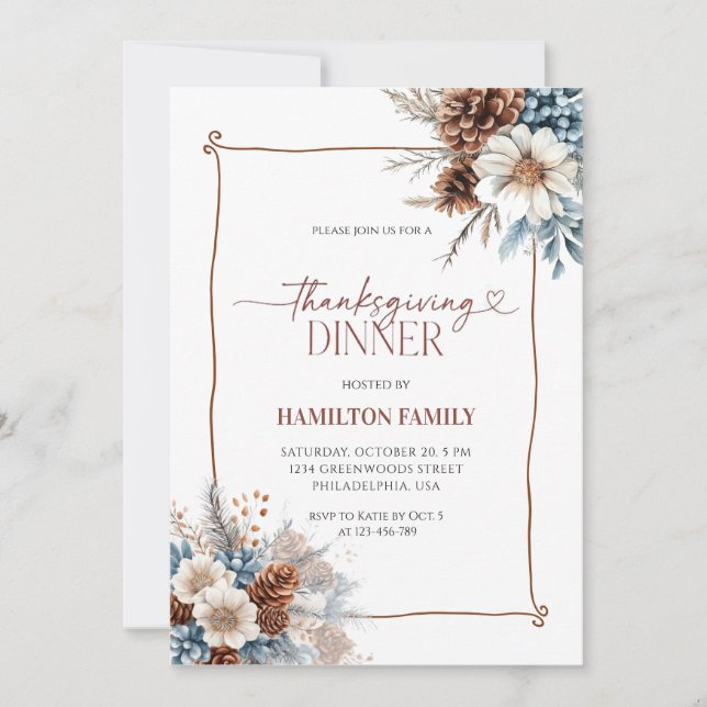 Invitación Fiesta de Acción de Gracias con flores elegantes (Anverso)