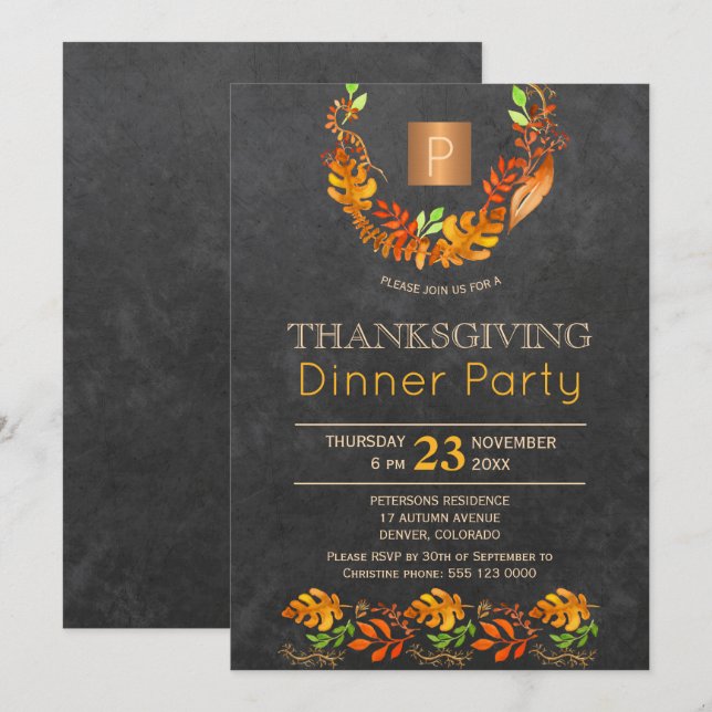 Invitación Fiesta de acción de gracias con monograma de caída (Anverso / Reverso)